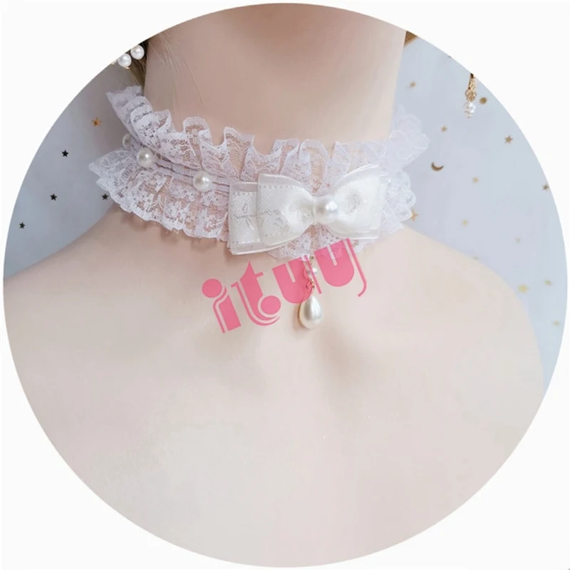 Handmake Lolita Girl KC Bowknot Pearl Pendant Lace Hand Sleeve Bracelet Necklace Women Bride Accessories Ornaments