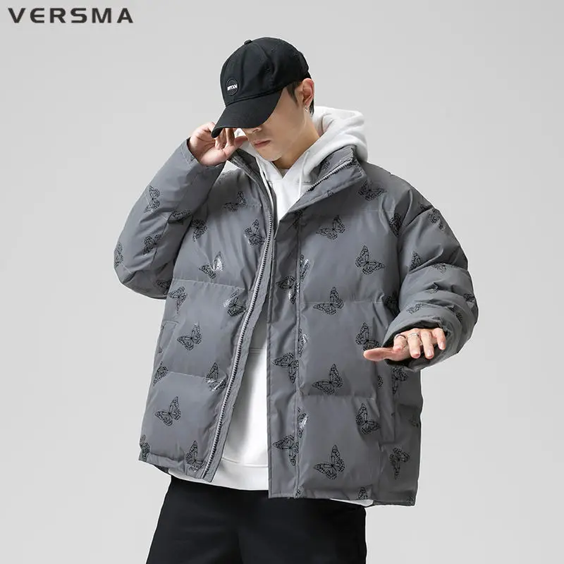 VERSMA Korean Harajuku Trendy Reflective Butterfly Print Parka Men Winter Stand Collar Cotton Padded Parkas Women Dropshipping