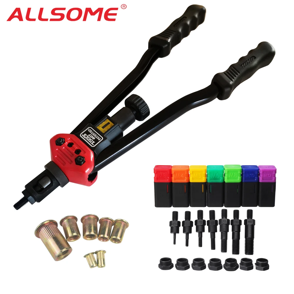 Allsome BT-607 Rivet Nut Tool Hand Blind Klinkhamer Hand Klinkhamer Rivet Gun Met 7 Metric Opspandoorns 70Pcs Rivnuts