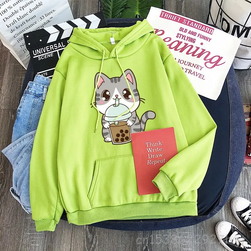 Kawaii Cat Drink Milk Aesthetic Harajuku Printed Hoodies Sweatshirt Women Men Funny Pullover Oversized Hoodies