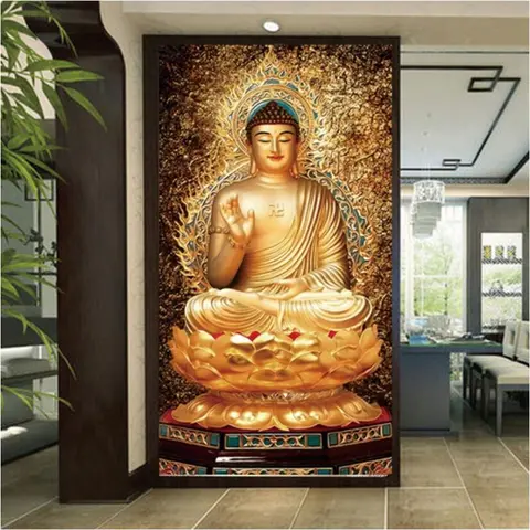 Carta da parati personalizzata 3d shakyamuni buddha statua di buddha stile cinese pittura decorativa dorata portico sfondo carta da parati фото®lıkи