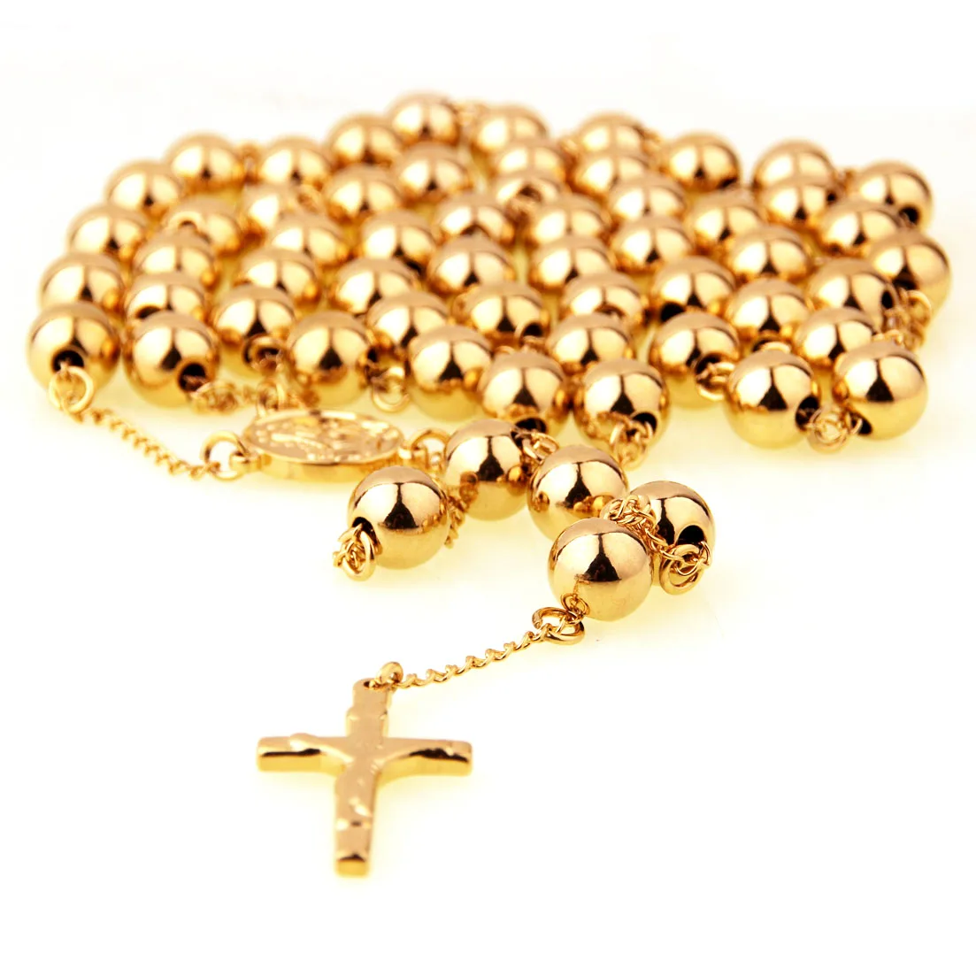 Mens Necklace Chain Italy Gold Tone Bead Chain Crown Rosary Jesus Cross Pendant Stainless Steel 4/6/8/10mm Cool Jewelry