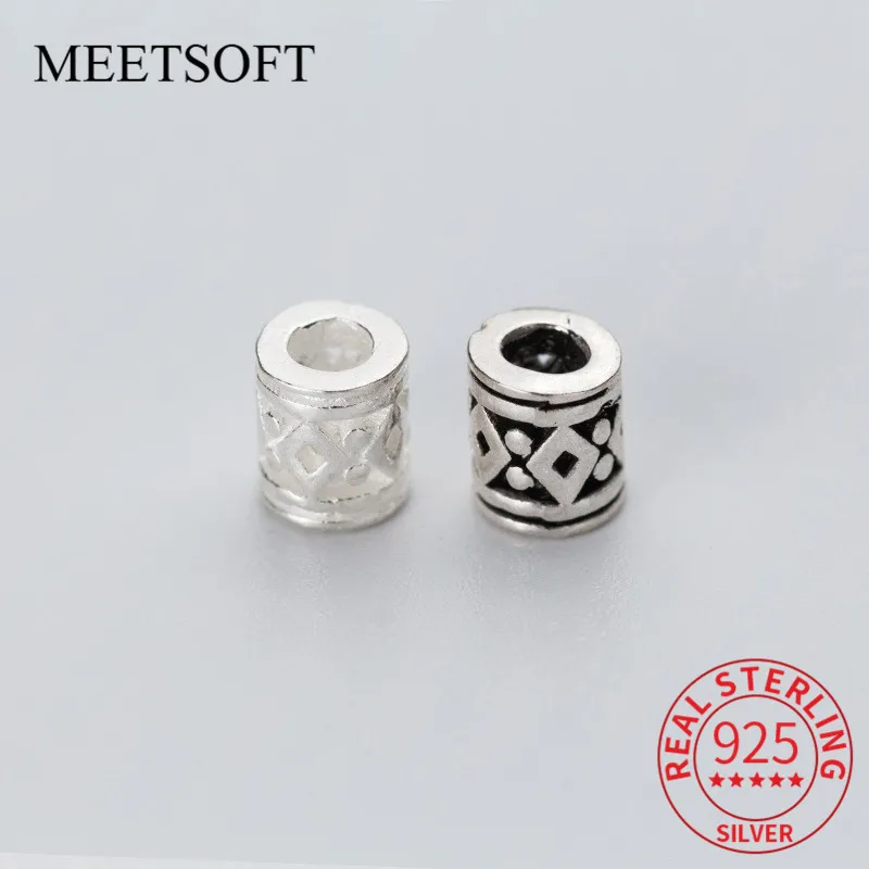 MEETSOFT Classic 925 Sterling Silver Square Pattern Hollow Spacer Beads of DIY handmade Making Fine Jewelry components Accessory