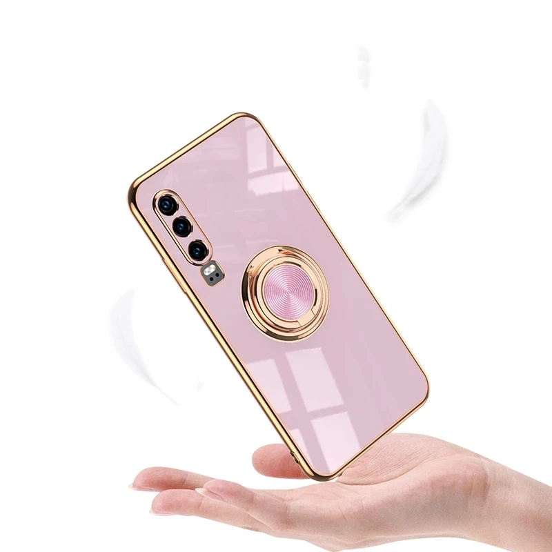 Luxury Plating Silicone Case For Huawei P40 P30 P20 Mate Honor 20 30 40 V30 Nova 6 7 8 Pro Plus Lite SE Ring Holder Stand Cover