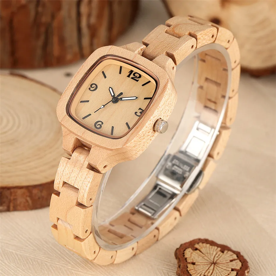 Reloj de madera de arce de lujo para mujer, esfera cuadrada, brazalete de madera completo, relojes de pulsera creativos, regalos para novia/esposa