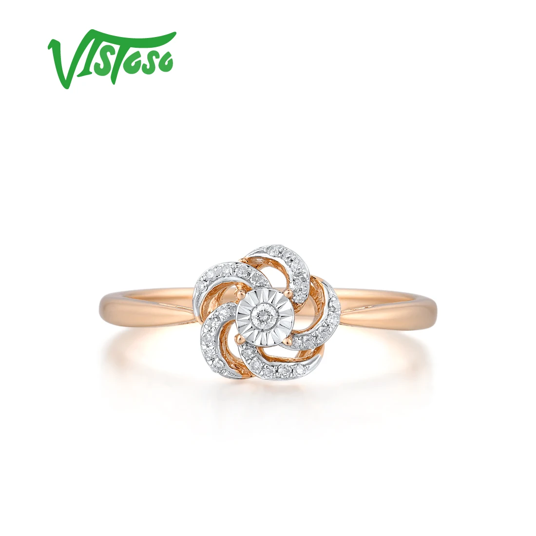 VISTOSO Pure 14K 585 Two-Tone Gold Sparkling Illusion-Set Miracle Plate Diamond Flower Ring For Women  Anniversary  Fine Jewelry