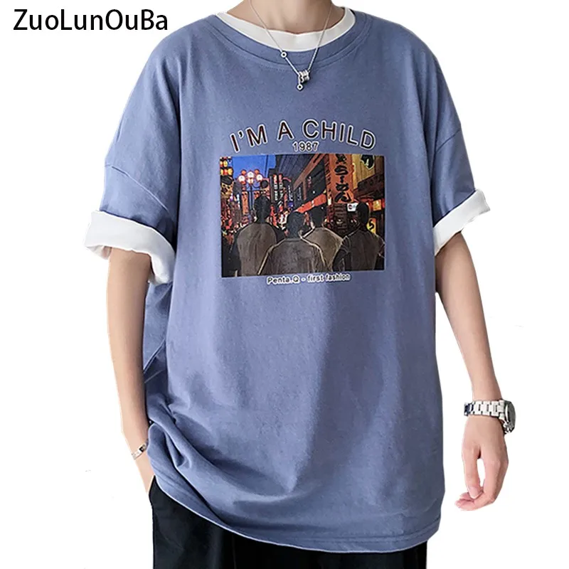 

ZuoLunOuBa Summer Casual Haze Blue Man T Shirt Print Street Party Letters Im A Child Harajuku Tees Loose Short Sleeves Tops Male