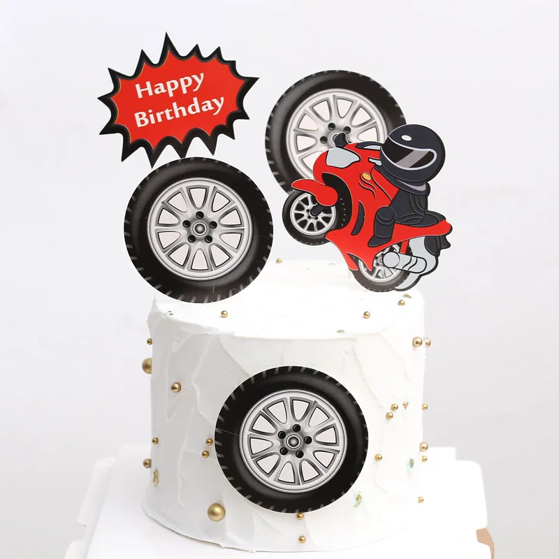 Cake Topper Motorcycle Tires DIY Cake Cupcake Toppers Kids Boys Men Happy Birthday Baby Shower Party Backing Dessert Decor Flags