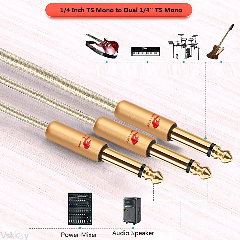 1/4 Inch TS Mono 6.35mm to 2 x 1/4'' Male 6.35 Jack Audio Cable for Mixer Console Synths Studio Guitar Amplifier Shielded Cords