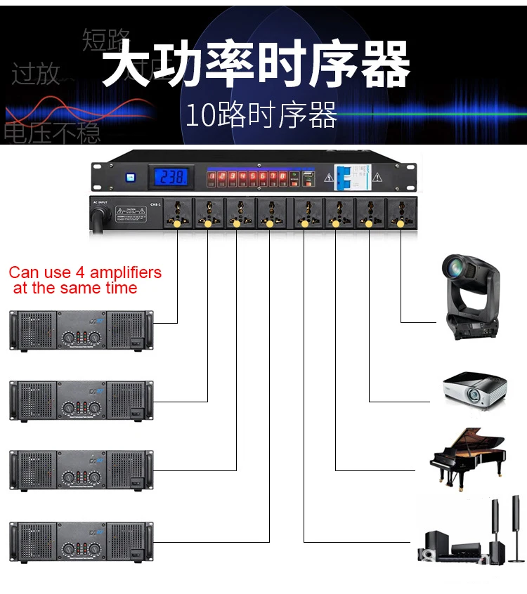 Controlador de gestión de pedidos de enchufe secuenciador de potencia de 8/10 vías para escenario profesional GAX-DB04 para equipos de dj
