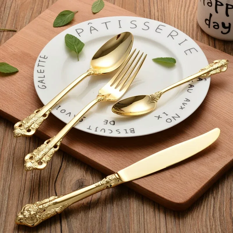 Gold Plated Relief Retro Vintage Western Cutlery Dining Knives Forks Teaspoon Set Golden Luxury Dinnerware Tableware Set