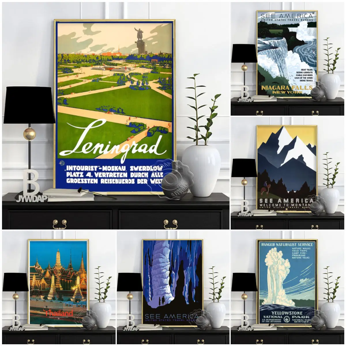 Retro Poster America City Landscape World Russia Thailand Scenery Travel Wall Art Pictures Prints Canvas Painting Home Decor