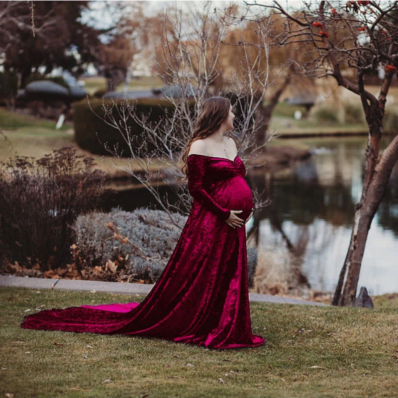 

Pleuche Long Maternity Photography Props Pregnancy Dress Sexy Shoulderless Maxi Gown Clothes For Pregnant Women Photo Shoot 2024