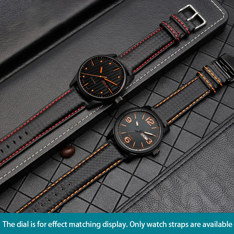 18mm 20mm 21mm 22mm 23mm 24mm Carbon Fiber Pattern Leather Watch Strap  Black Red Orange Stitching Watchband Men\'s watch accesso