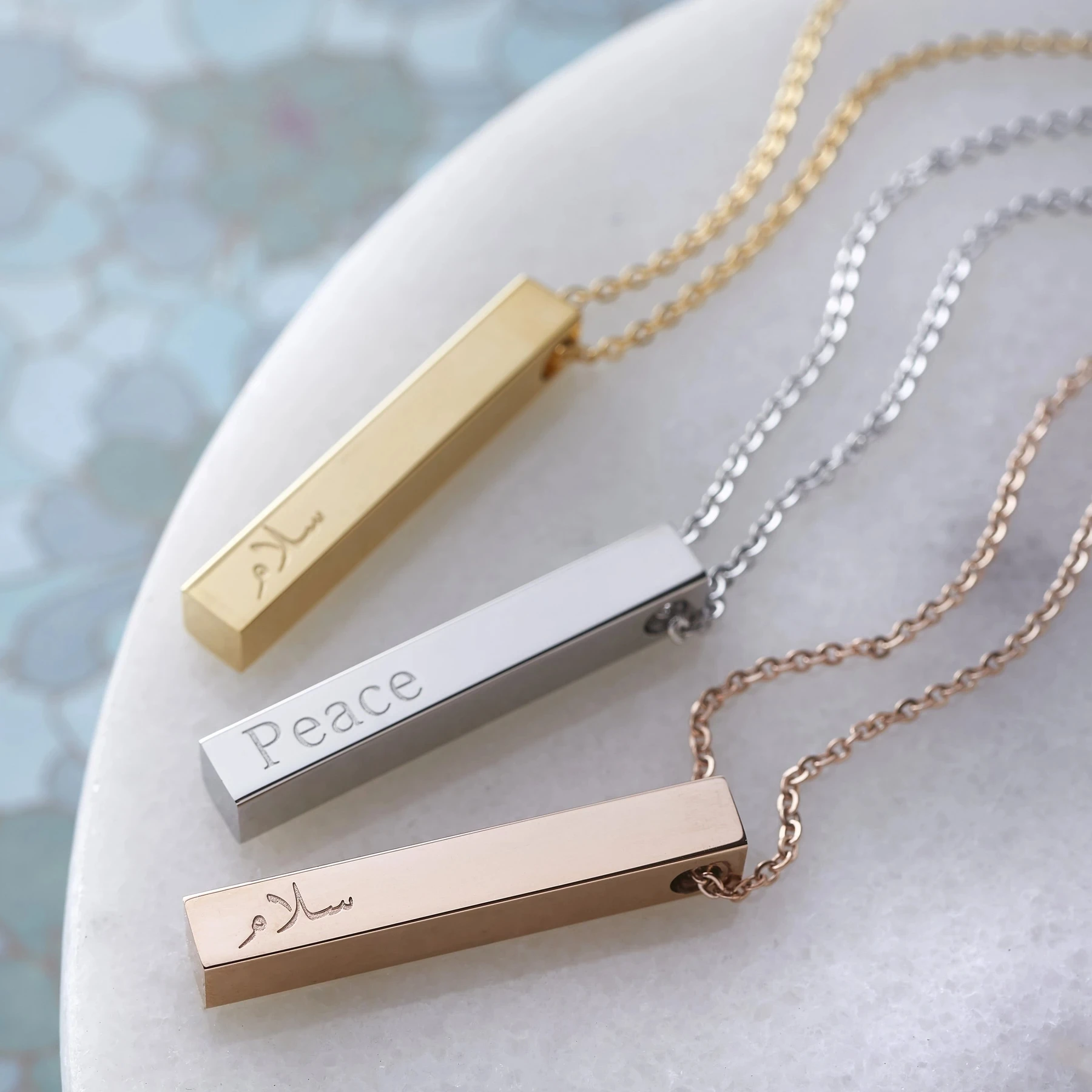 Custome Core Values 3D Bar Neckalce Engraved Stainless Steel  Pendant Dainty 4 Sided Vertical Bar Neckalce Personalized Name