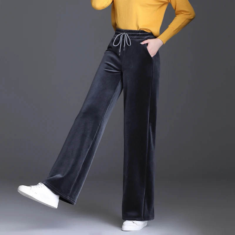 Trouser For Women High Waist Causal Loose Wide Leg Pants Female 2021 Winter Warm Thick Double Velvet Korean Fashion Elegant Tide