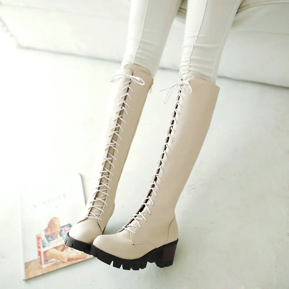 New Lacing Winter Knee High Boots Women High Heels Zipper Autumn Rubber Sole Brown Heel Long Boots Shoes Big Size 2021