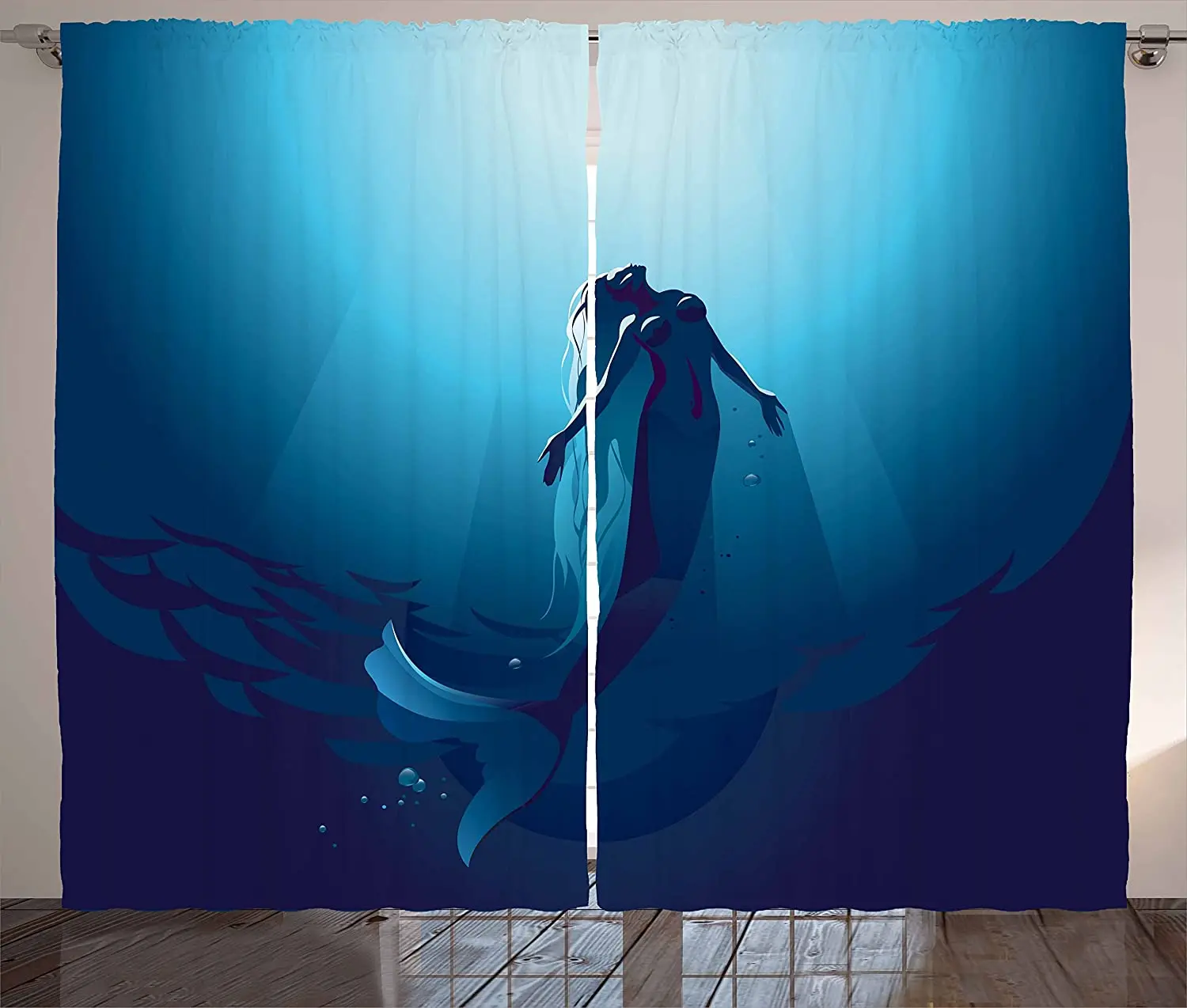 Blue Underwater Curtains Fantasy Mermaid in The Deep Water Swimming up to The Surface Sun Rays Artwork Bedroom Window Curtain