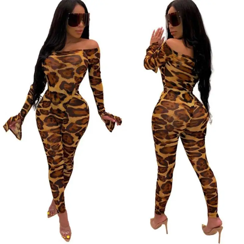 Nieuwe Luipaard Print Uitlopende Mouwen Herfst/Winter Jumpsuit Vrouwen Broek Geel Rood Grijs Mode Slanke Dames Sexy Bodycon jumpsuits