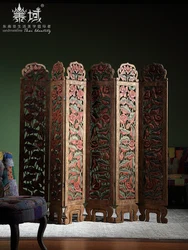 Southeast Asia Hand-carved Solid Wood Painted Porch Gathering Wealth Screen Thai Style Living Room Partition Folding Screen