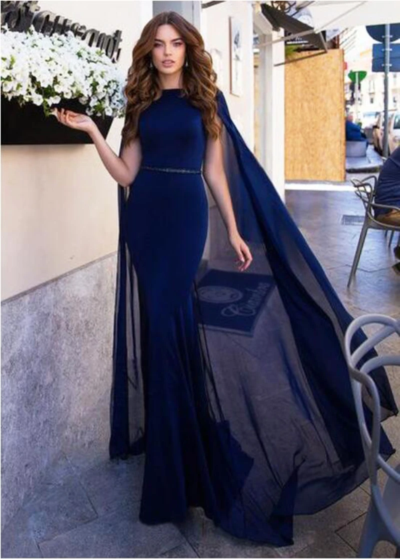 Vestidos de Noche largos azul marino, manga casquillo, elegante cinturón de cuentas musulmanas Dubái, vestido Formal de noche, Abendkleider, 2020