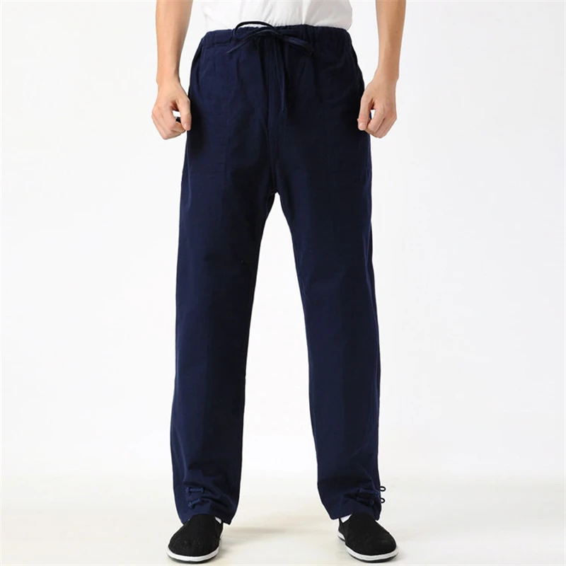 

High Quality Trousers Elastic Waist 4XL Chinese Kung Fu leg wrappings Pants Men's Full Length Cotton Tai Chi clothing navy blue