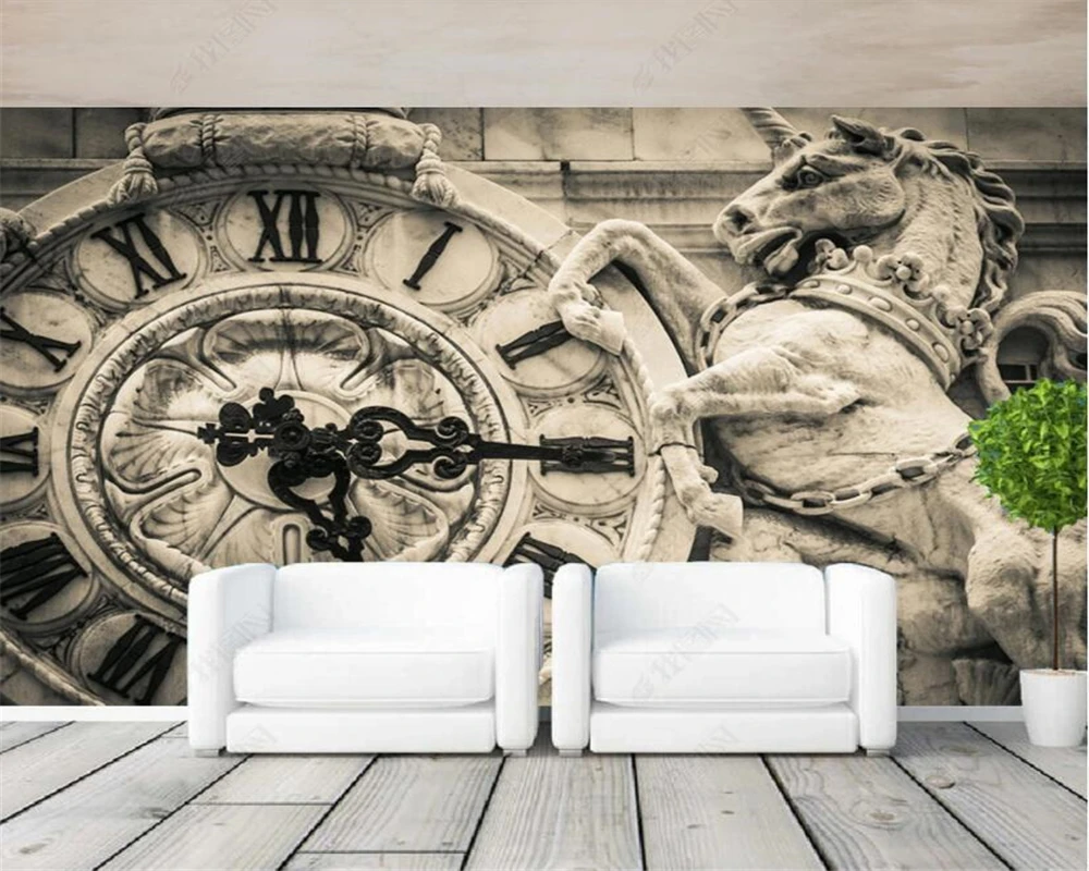 beibehang Custom Silk Material Mural Wallpaper HD Retro Nostalgic Time European Sculpture horse Background Wall 3D Wallpaper