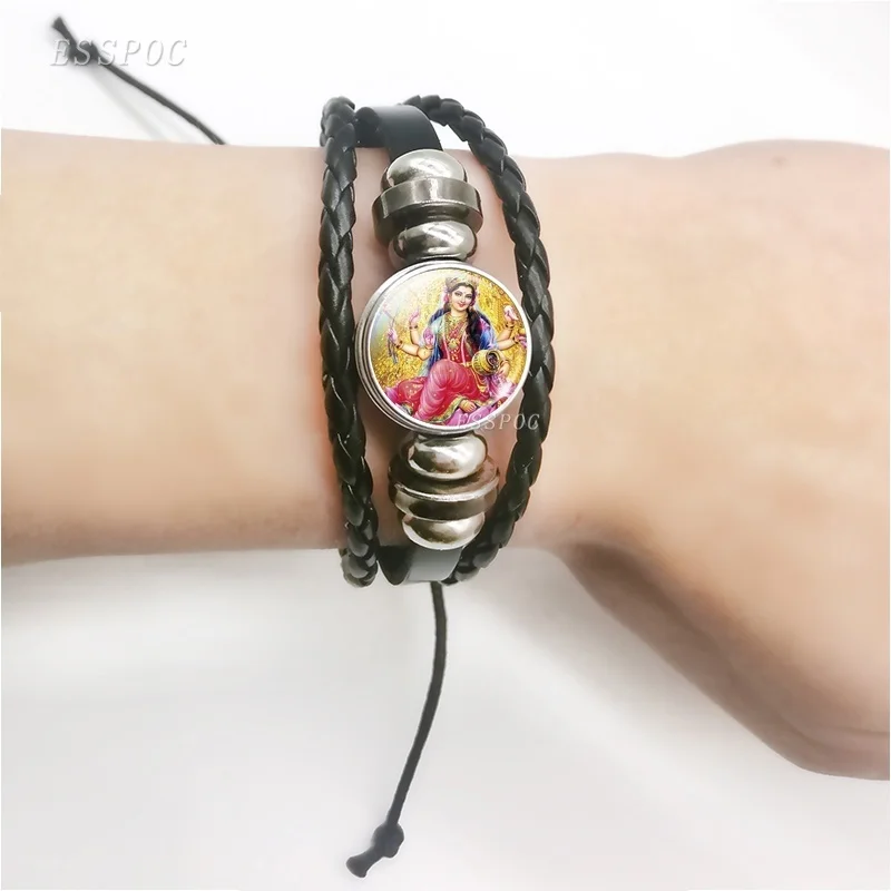 Krishna and Radha Amulet Luminous Bracelet Glass Dome Bangle Lucky Jewelry Multi-Layer Weave Rope Leather Bracelet Yoga Jewelry