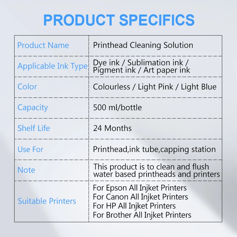 500ML Cleaning Solution Liquid Water-based Ink Printhead Cleaner Dye/Pigment/Sublimation Ink For Epson/HP/Canon/Brother Printer