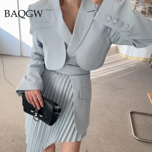 Office Lady Casual Solid Set di due pezzi per le donne Blazer a maniche lunghe dentellato gonna irregolare a vita alta Set coreano per feste