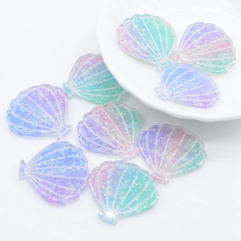 10 sztuk 25*24mm Bling Rainbow Shell żywica Ocean płaski tył drukuj akrylowe DIY nakrycia głowy dla dzieci spinki do włosów ozdoba z kokardką