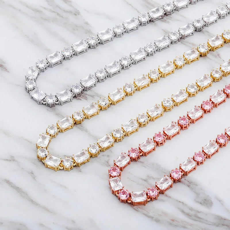 

Хип-хоп бижутерия: ожерелья-чокеры с геометрическими квадратами, инкрустированные розовыми и белыми камнями 5А CZ, в стиле теннисной цепи, для мужчин и женщин, украшения для рэперов