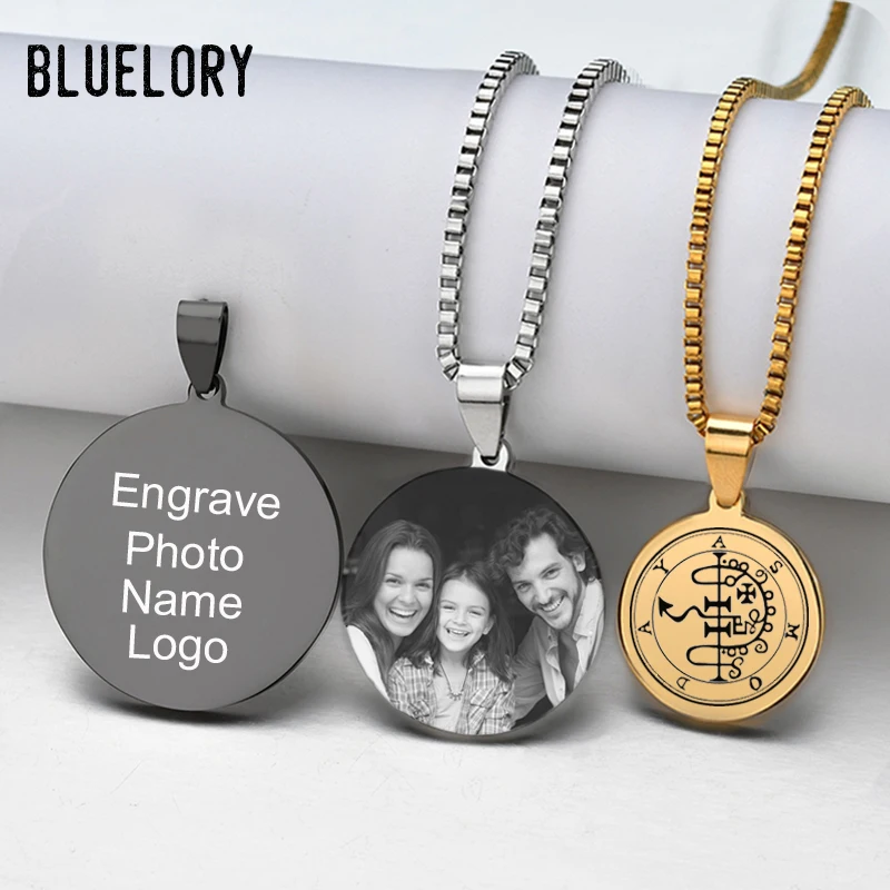 Bluelory Personalized Engraved Your Photo Name Logo Date Stainless Steel Round Pendant Necklace For Women Men Anniversary Gift