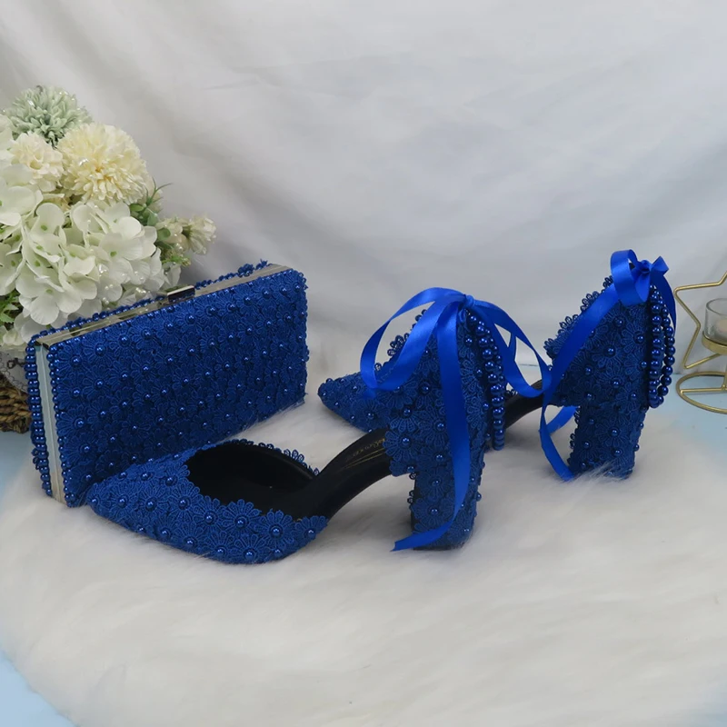 BaoYaFang Royal Blue Flower Strap Bridal wedding shoes Bride Pointed Toe Square Thick High Heel Party dress shoes and bag set