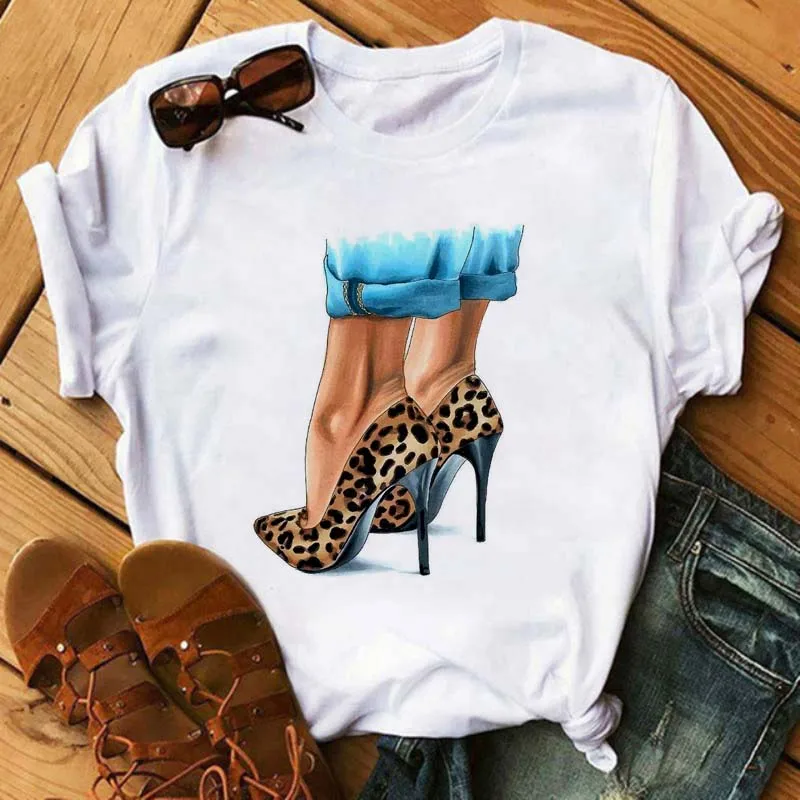 Maycaur Pink High Heels Flowers Bag Print T Shirt Women Trendy Hipster Harajuk Kawaii Short Sleeves Tops Tee Shirt Femme Clothes