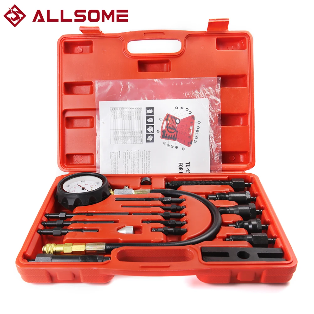 ALLSOME Professional Diesel Engine Cylinder Compression Tester Tool Kit Set Pressure Gauge Tester Kit Set TU-15B Detection Table