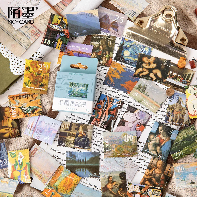 World Famous Paintings Stamp Collection Paper Small Diary Mini Cute box Stickers set Scrapbooking Cute Flakes Journal Stationery