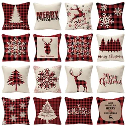 Linen Red Scottish Plaid Christmas Cushions Case Reindeer Trees Snowflakes Print Christmas Decorative Pillows for Sofa Couch Bed