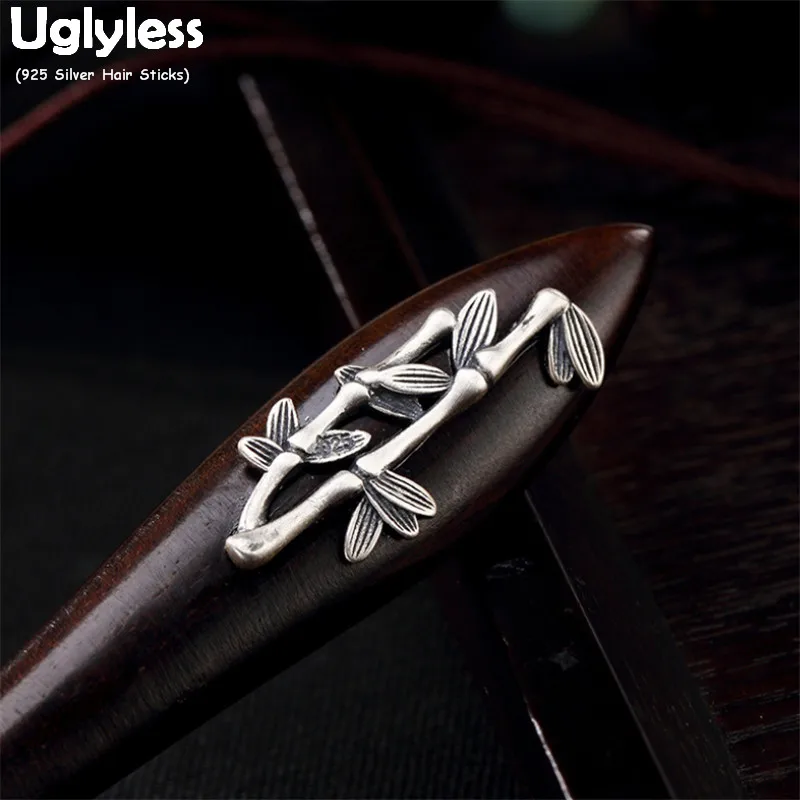 Uglyless Handmade Bamboo Leaves Hair Jewelry for Women Retro Eastern Thai Silver 925 Silver Hair Sticks Wood Sandalwood Jewelry