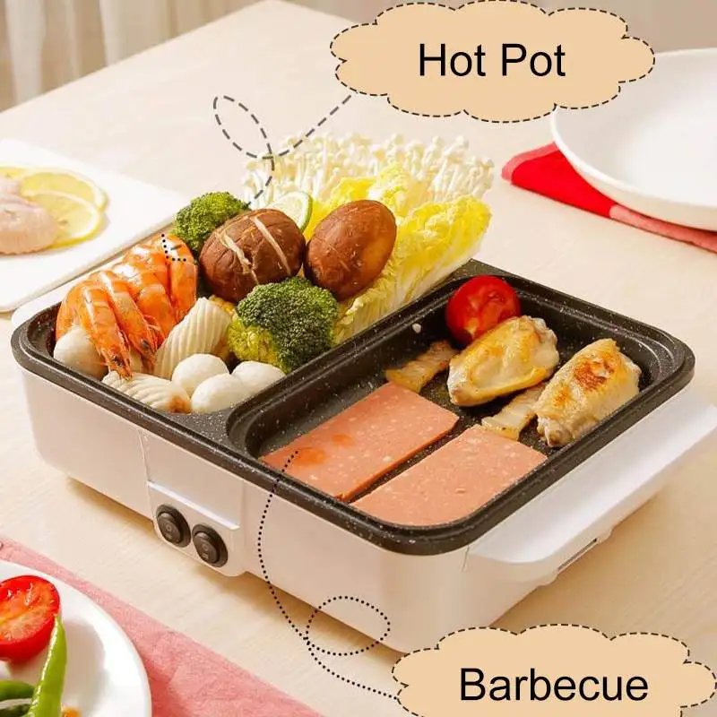 110V/220V 2 IN 1 Electric Hot Pot Cooker BBQ Grill Multicooker Electric BBQ Grill Non Stick Plate Barbecue Pan Dormitory Hot Pot