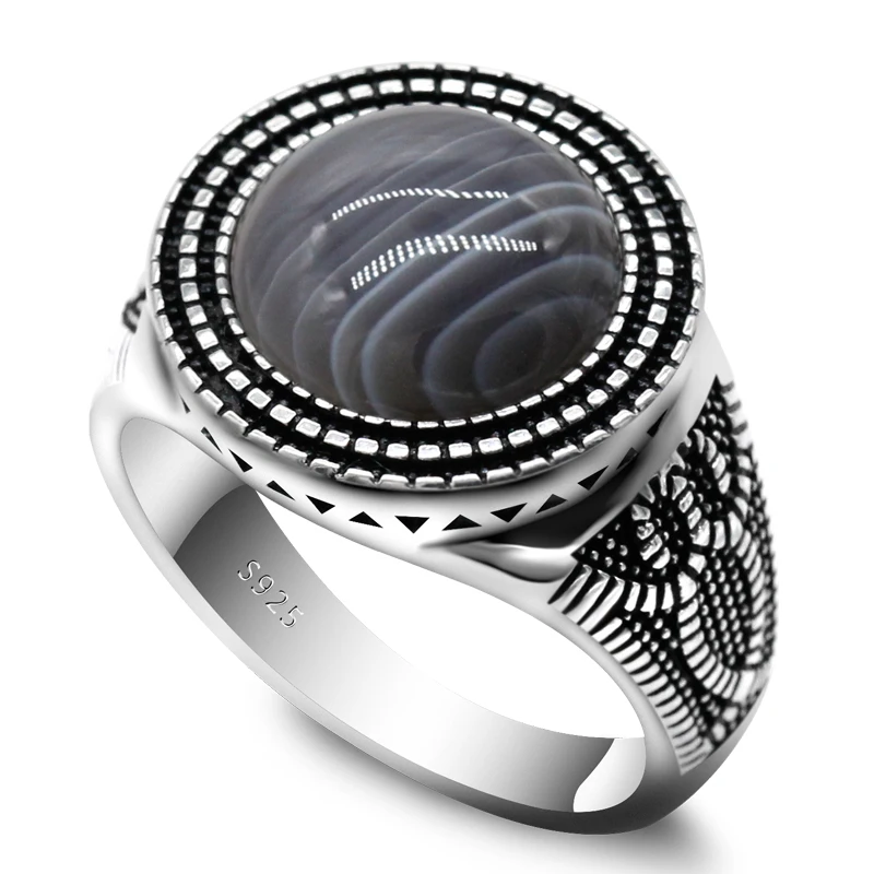 925 Sterling Silver Men With Round Natural Agate Stone Retro Side Fish-Shaped Thai Silver Ring Men and Women Turkish Jewelry