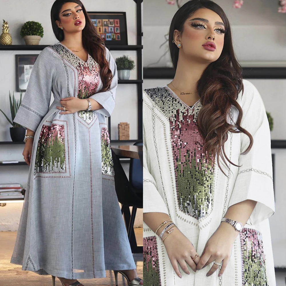 AB053 Evening Dress Grey White Abaya Luxury Woman Muslim Set Sequins Loose Fat Plus Size Female Accessories Ramadan Kaftan Islam