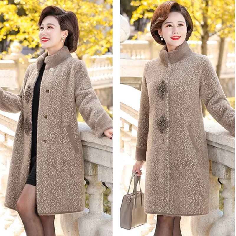 UHYTGF 5XL Big Size Coat Women\'s Quality Mink Fleece Winter Woolen Jacket Elegant Mother Loose Long Outerwear Top Female 1306