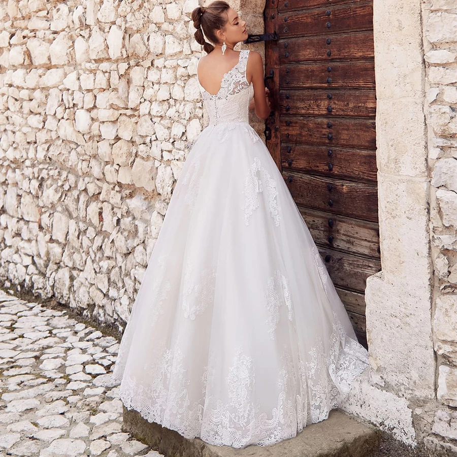 Elegante boné manga vestido de casamento robe de mariage com decote em v apliques até o chão tule a linha vestidos de noiva novia