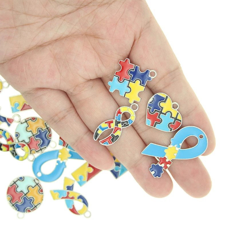 5pcst Splice Mosaic Enamel Jigsaw Red Yellow Light Blue Colorful Heart Round Charms For Necklaces Earring DIY Jewelry Makings