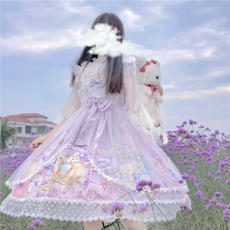 Japanese Sweet Lolita Style Soft Girl Women Dress Kawaii Cartoons Bear Rave Party Ruffles Sleeveless Bow Lace JSK Sling Dresses