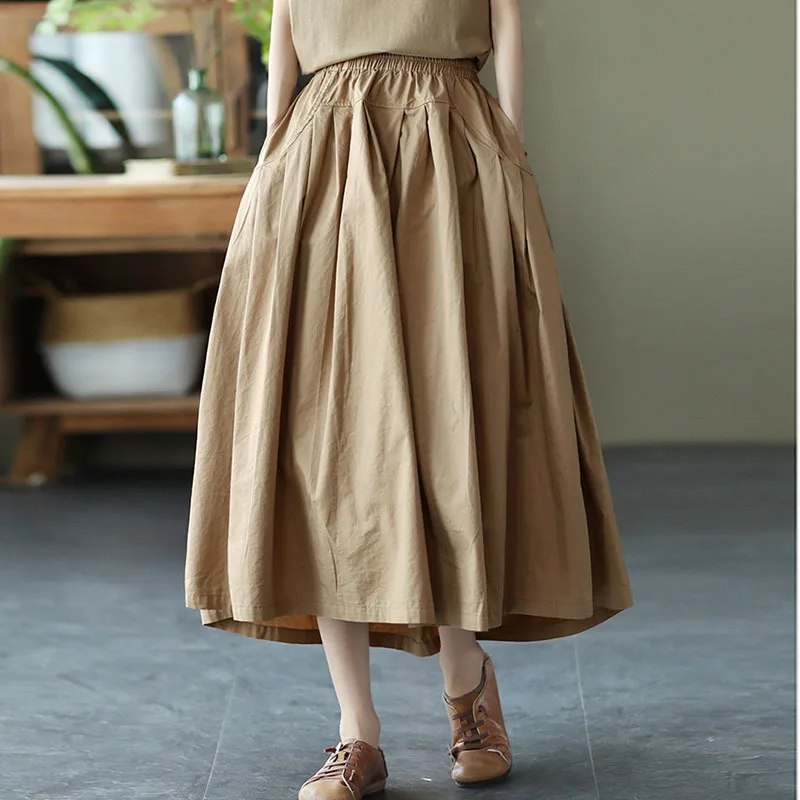 

NINI WONDERLAND 2024 Spring Women Cotton Vintage A-line Pleated Midi Skirt Autumn Elastic Waist Casual Loose Skirt Mori Girls