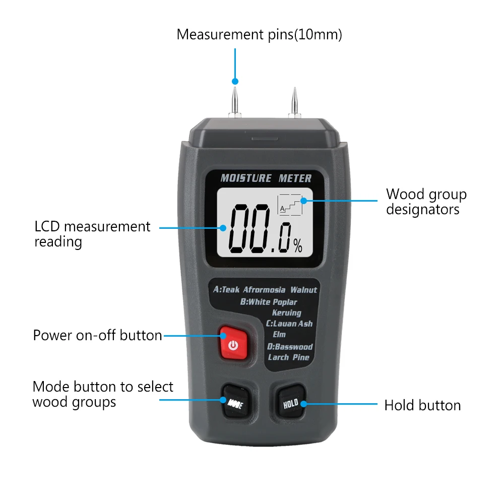 Measuring Tool Timber Damp Detector with Large LCD Display Digital Wood Moisture Meter 0-99.9% Two Pins Wood Humidity Tester