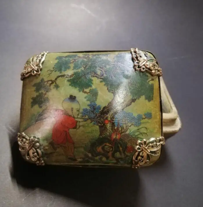 DELICATE CHINESE SILVER INLAID PORCELAIN HANDMADE BUTTERFLY & DRAGON JEWELRY BOX