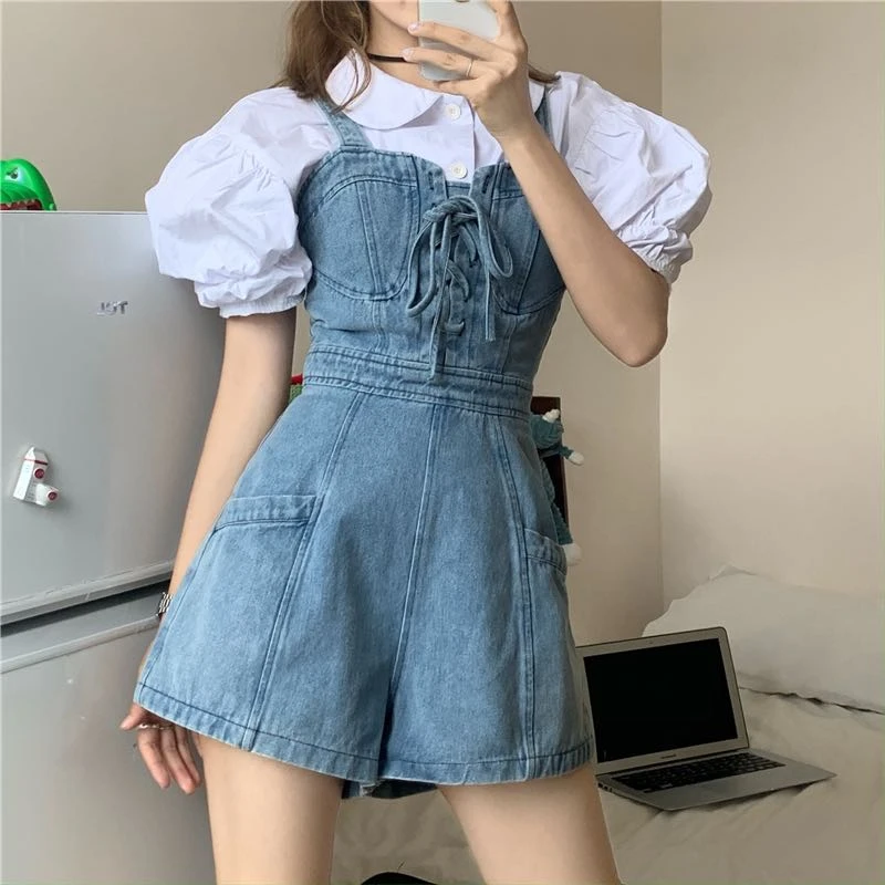 

Korean and Japanese jumpsuits women New Short Denim Jumpsuit Romper Women Spring Summer Overalls Casual Jeans Short Playsuits